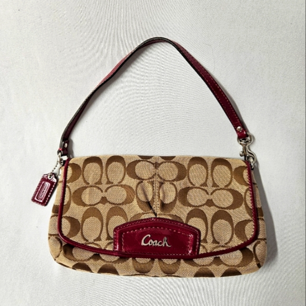 Coach Signature Jacquard w/ Burgundy Leather Large Flap Clutch/Wallet